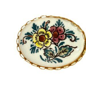 Vintage Delftware Hand-Painted Floral Brooch with Gold-Tone Setting